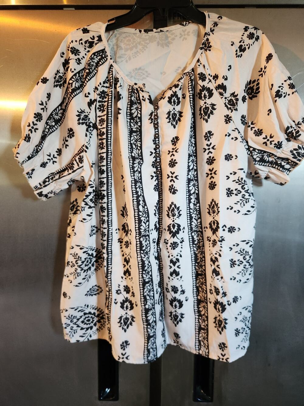 Shein Curve Black White Floral Damask Print Button Front Puff Sleeve Size 1XL